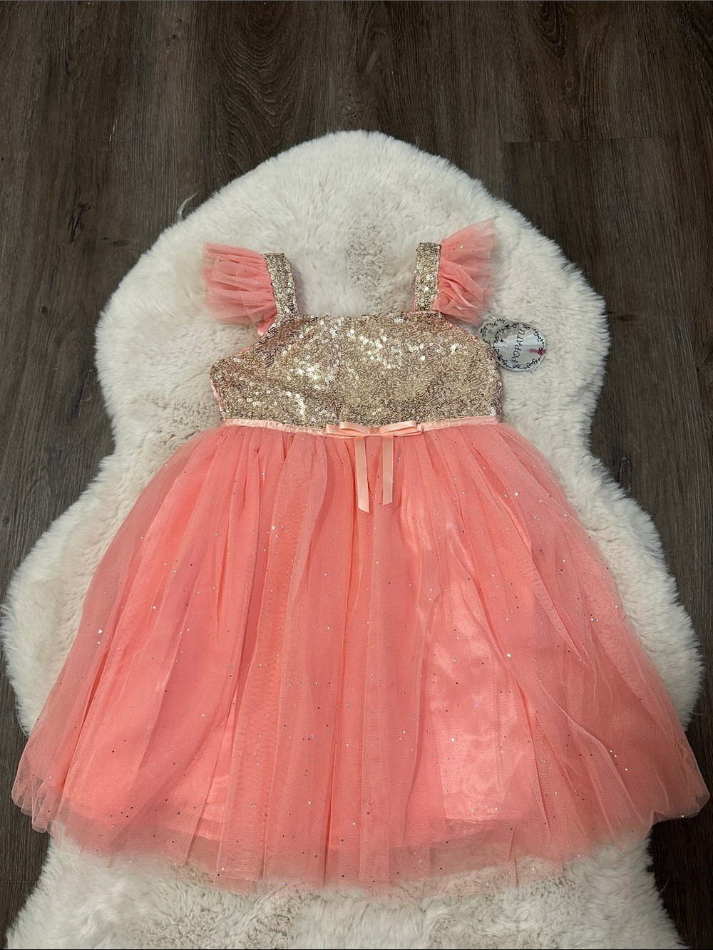Girls Sequin Bodice Coral Pink Tulle Party Dress size 4